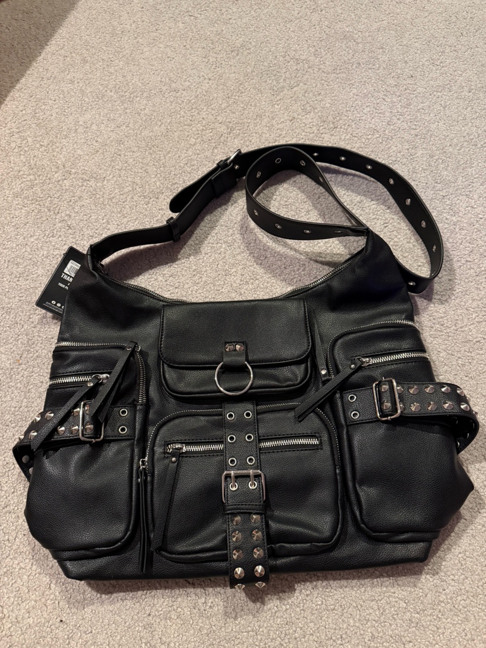 Black Studded Crossbody Bag with Buckle Accents